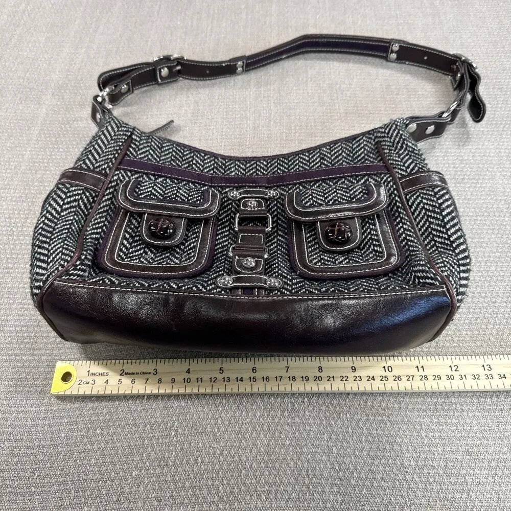 Vtg 90s Apt 9 Herringbone Shoulder Bag with Leather Trim Pockets Purse Handbag